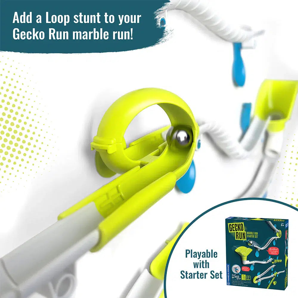 Add a loop stunt to your gecko run marble run, shows closeup of green loop with marble going through it 