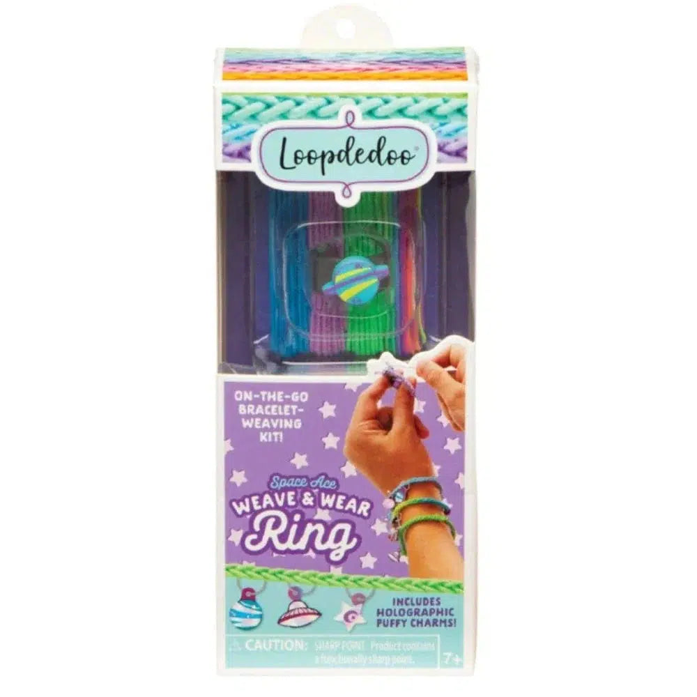 Brightly colored Loopdedoo bracelet weaving kit box with a flower ring design on the front, showcasing yarn spools and bracelet-making instructions. Suitable for ages 7 and up.