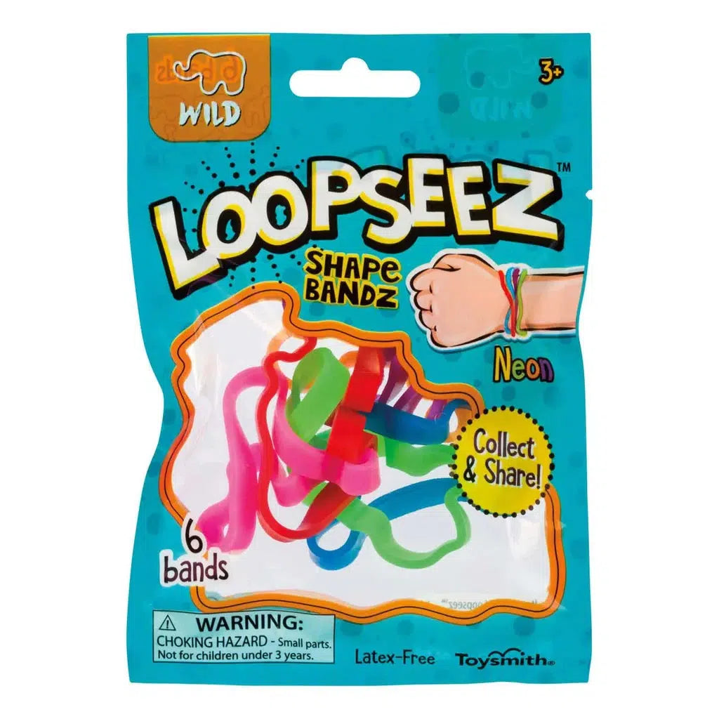 Discover a package of six neon-colored Loopseez Shape Bandz, the ultimate collectible wearable bands. These latex-free bands are perfect for expressing your style with a vibrant twist.