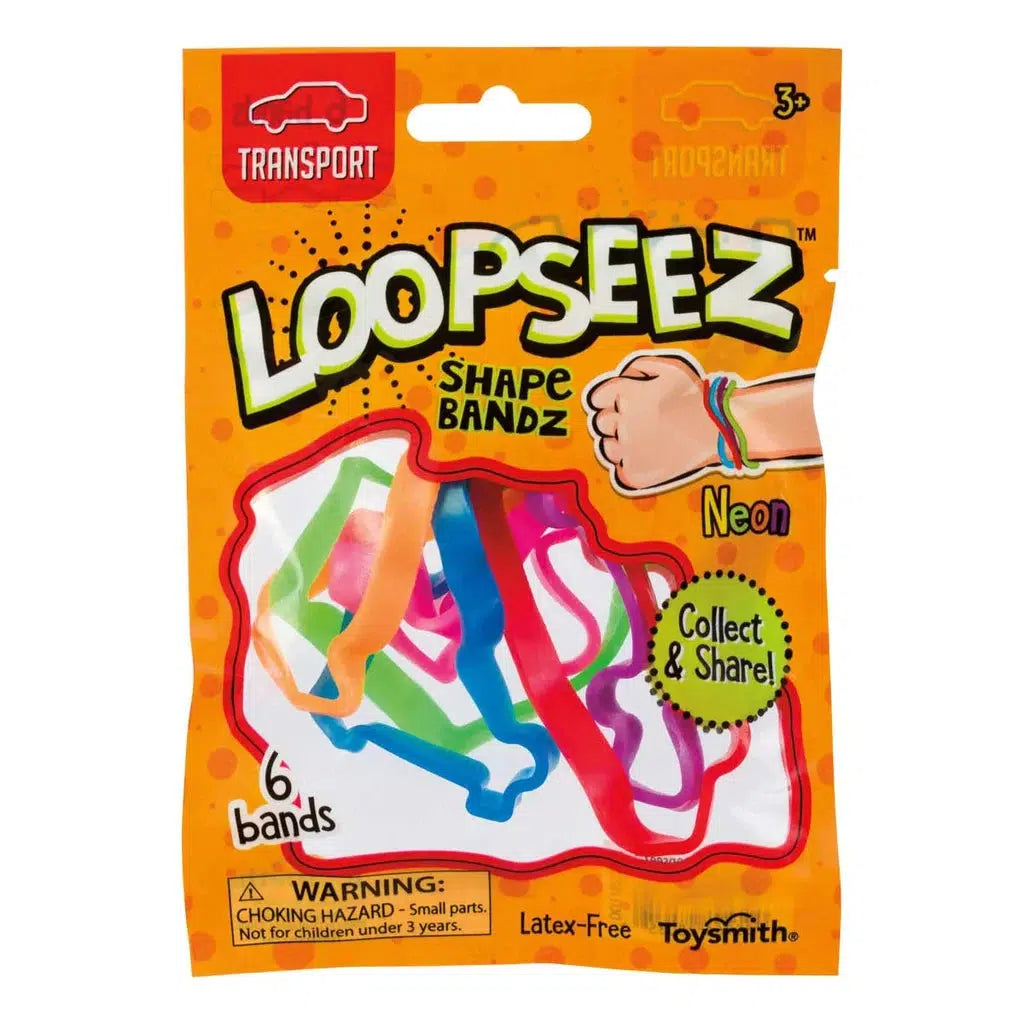 Loopseez neon shape bandz come in a package of six vibrant, latex-free bands, designed for ages 3 and up. Perfect as a playful collector's item for young enthusiasts.