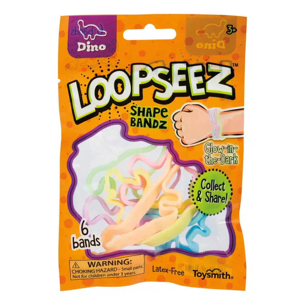 This collector's item features a package of Loopseez Shape Bandz with glow-in-the-dark, latex-free dinosaur-shaped bands, perfect for ages 3 and up. Contains 6 bands.