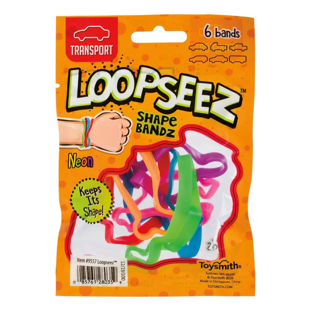 Packaging of Loopseez Shape Bandz showcases colorful neon rubber bands in various fun shapes. The label highlights "6 bands" and proudly states "Keeps Its Shape!" Perfect for those seeking a collector's item, these latex-free bands add a burst of color to any collection.