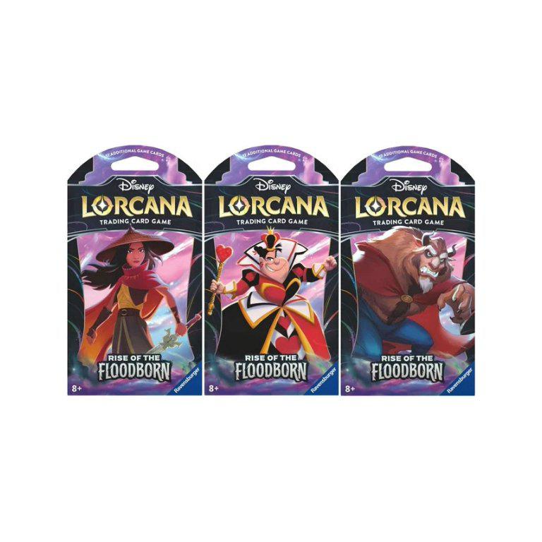 Lorcana Rise of the Floodborn, series 2 in the Lorcana series. Features Raya, Queen of Hearts, and Beast on three separate booster packs