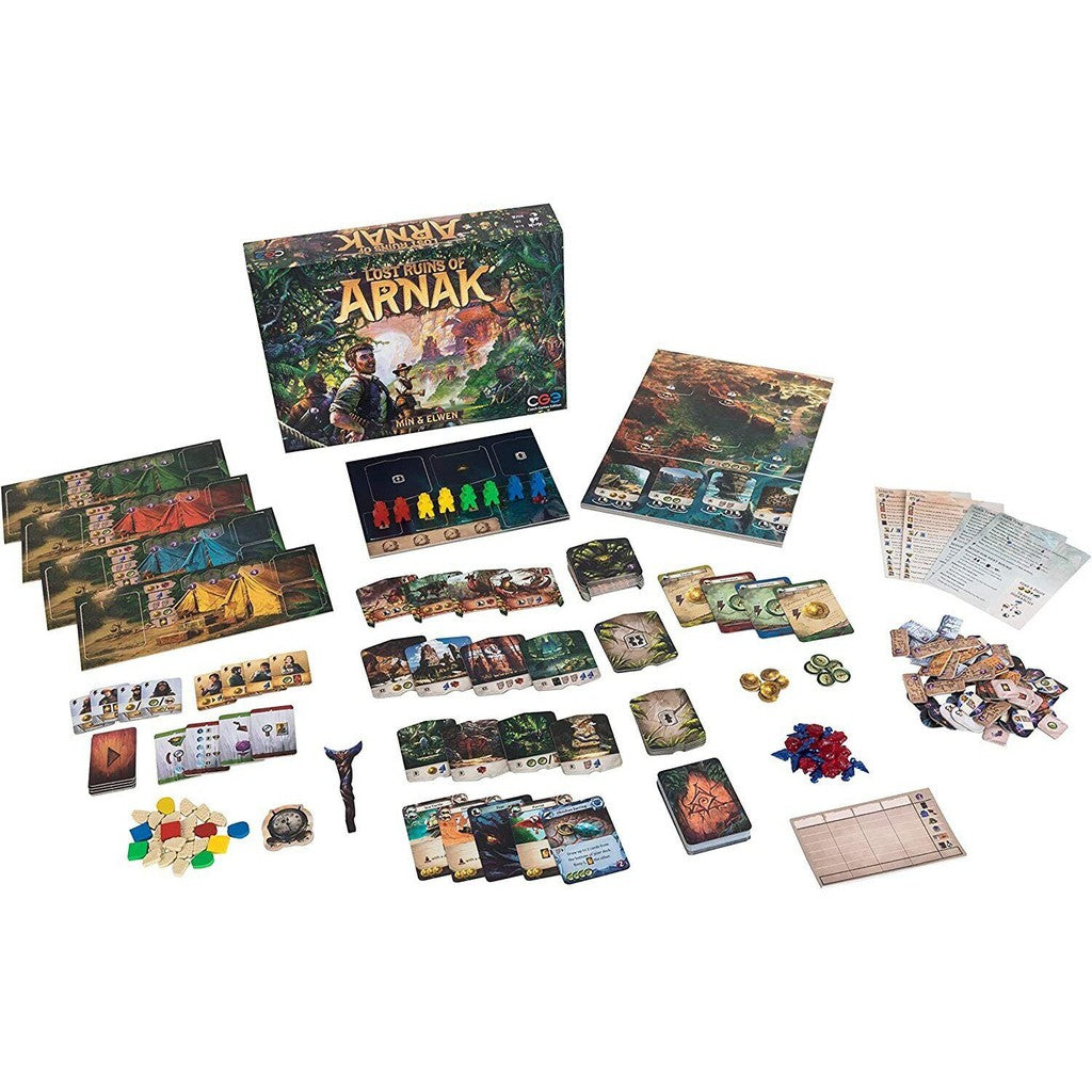 The contents for Lost Ruins of Arnak. Many cards, pieces, boards, all make up the game