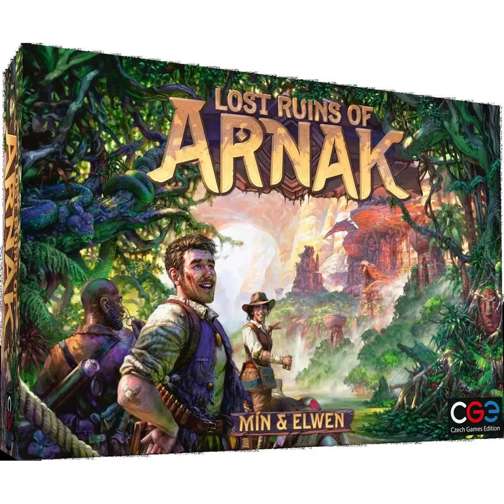 Front cover box art for Lost Ruins of Arnak. The theme is a jungle with three explorers approaching what looks like an ancient civilization