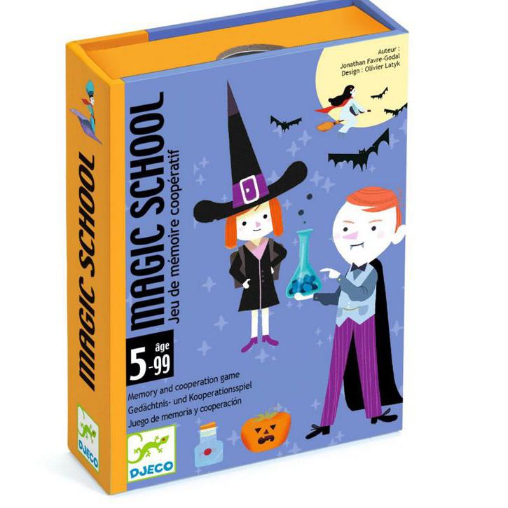 Magic School by Djeco is in a blue and orange box featuring a witch and a vampire on front looking at a potion