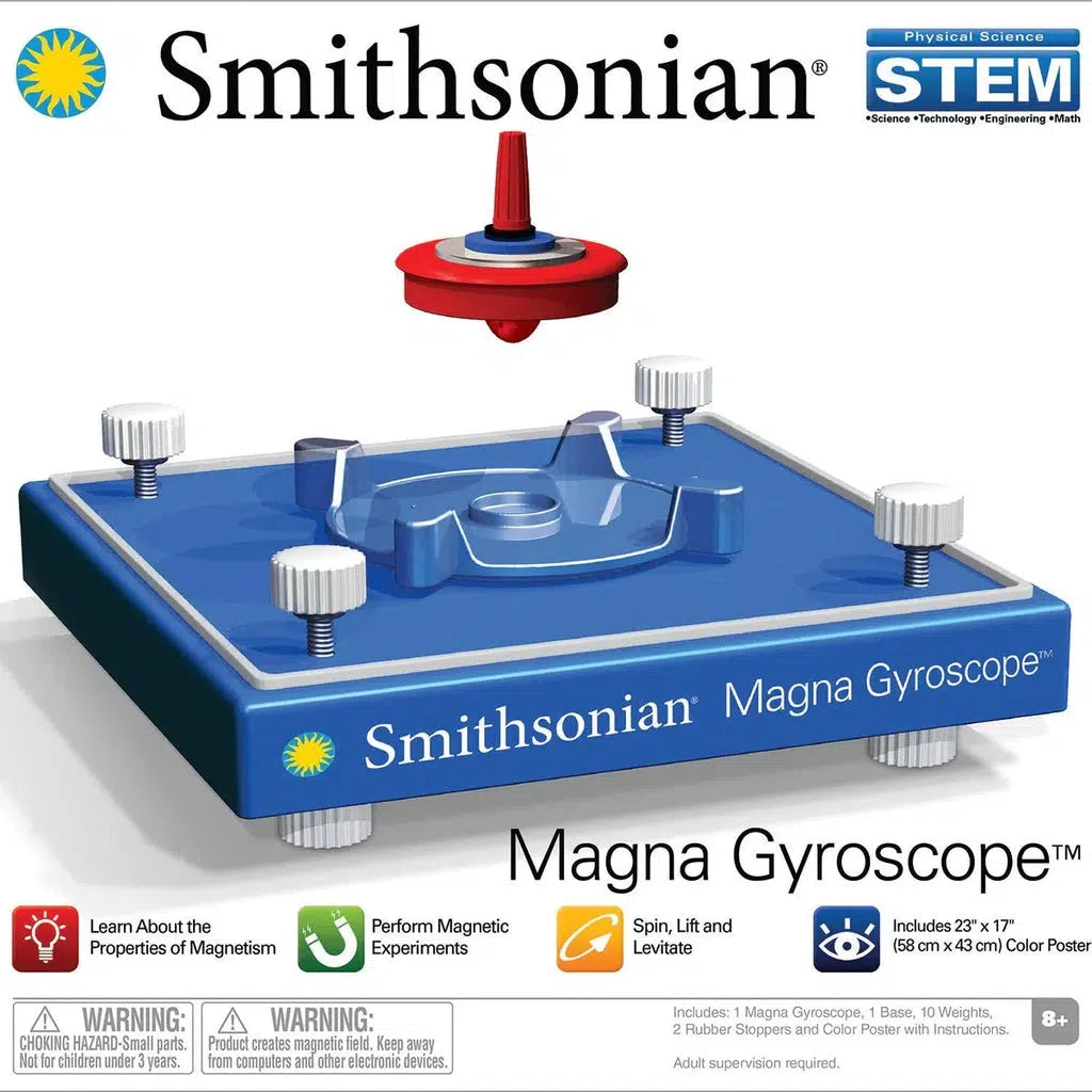 The Smithsonian Magna Gyroscope set, neatly packaged, highlights its STEM educational focus. With components designed to explore magnetism and gyroscopic principles, including a magnetic gyroscope and base, it offers an engaging way to discover how objects can even levitate.