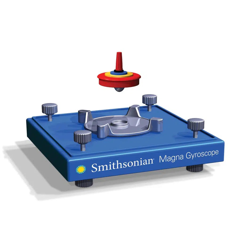 A Smithsonian Magna Gyroscope, with a red and blue spinning top that appears to levitate above a blue square base, utilizing magnetic force and adjustable knobs for precise control.