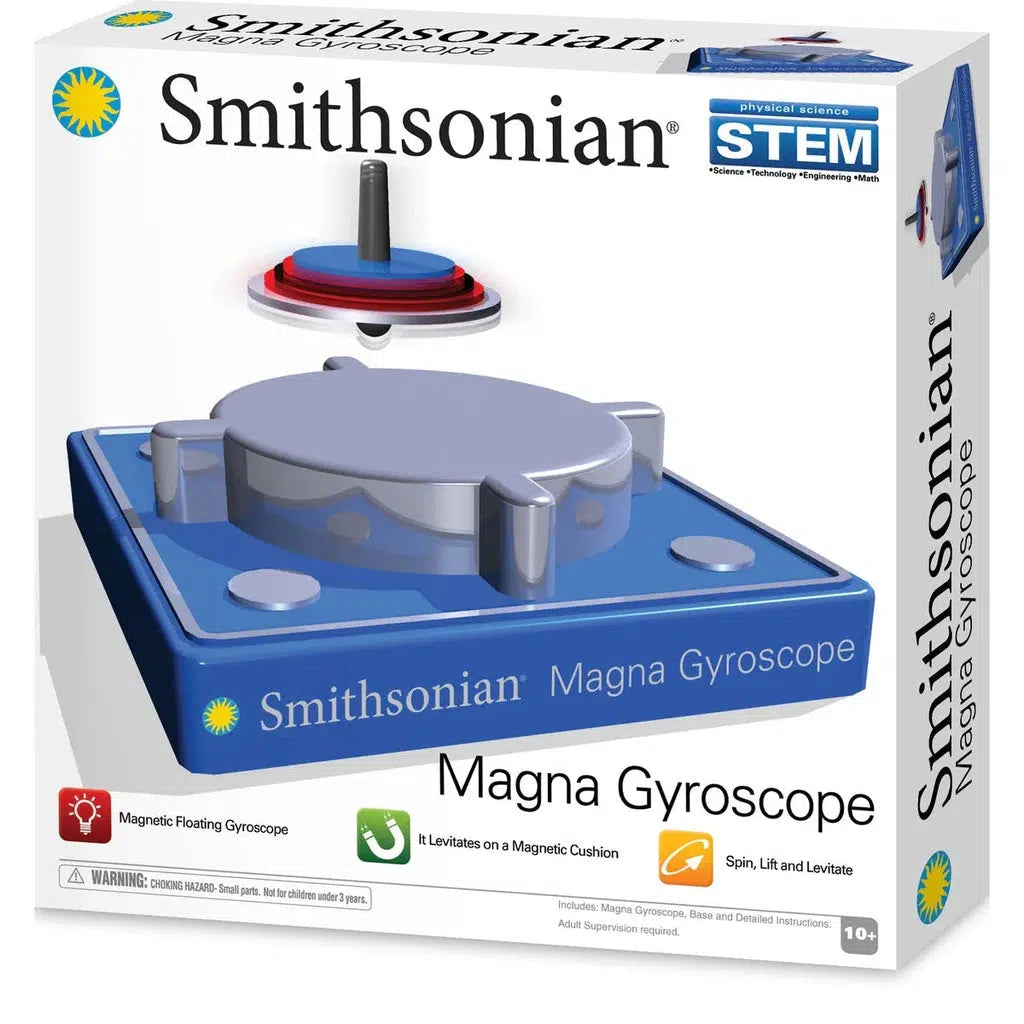 Box of a Smithsonian Magna Gyroscope, showcasing images of the levitating magnetic gyroscope and emphasizing STEM learning for ages 10+.