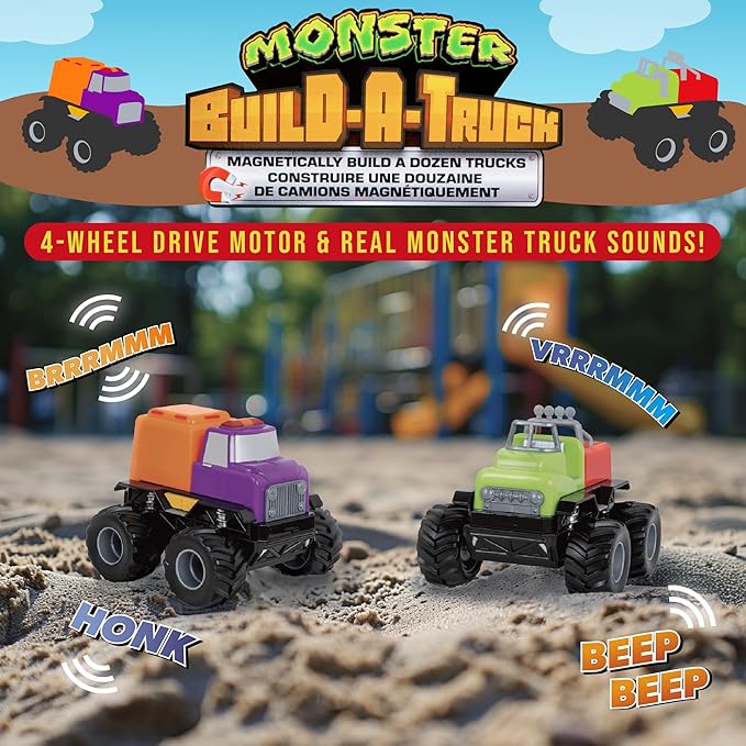 Toy Magnetic Monster trucks on sand with sound effect labels like "BRRRMMM" and "HONK." In the background, a blurry playground sets the scene. Text above reads "Monster Build-A-Truck," capturing the excitement of this take apart toy car adventure.