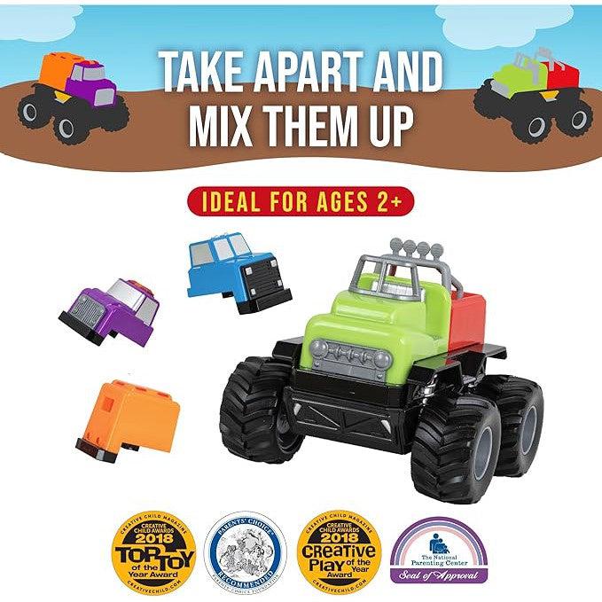 The Build-A-Truck Magnetic Monster is a toy monster truck with interchangeable parts, featuring separate hood and cab pieces. Text reads: "Take apart and mix them up. Ideal for ages 2+." Award logos displayed below.