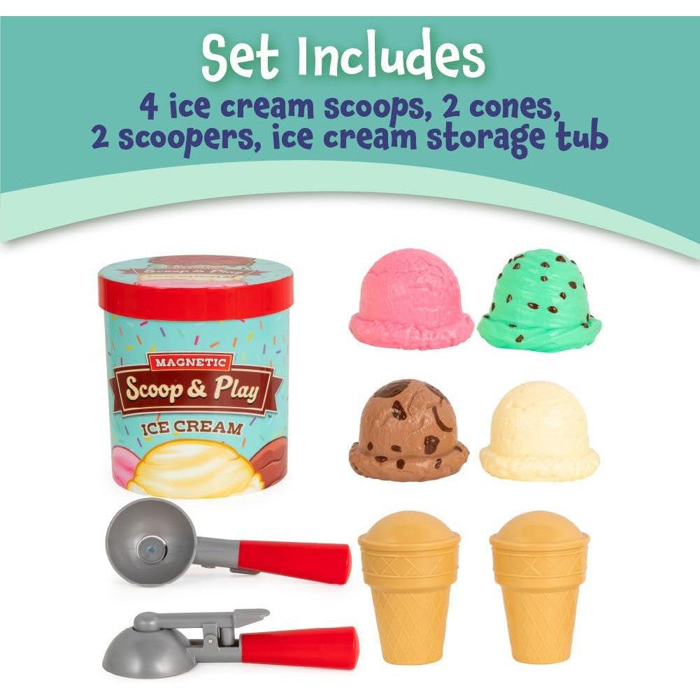 Play Ice Cream Toy Set featuring 4 deliciously colorful scoops, 2 cones, and magnetic scoopers for added fun. This Toys &amp; Games gem comes complete with a handy storage tub to keep all the pieces neatly organized.