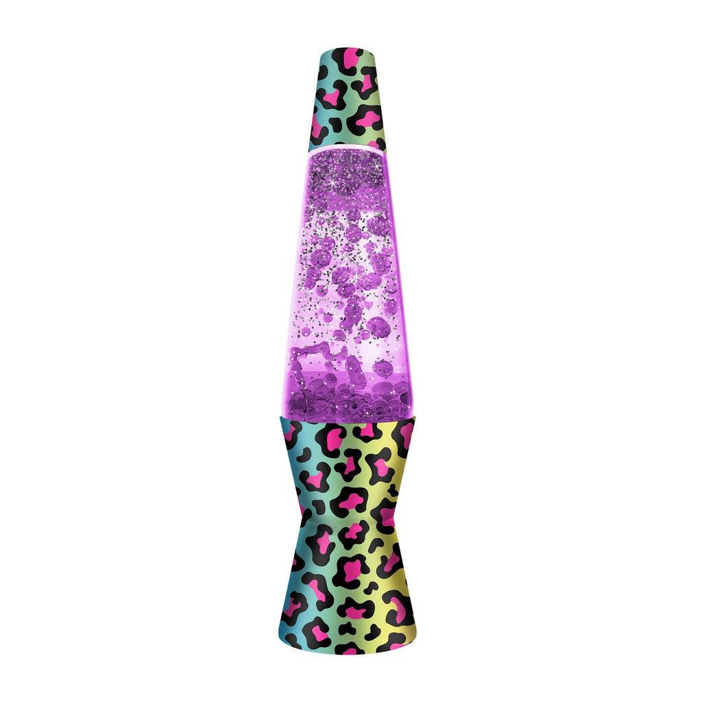 Purple glittery liquid with leopard print lava lamp