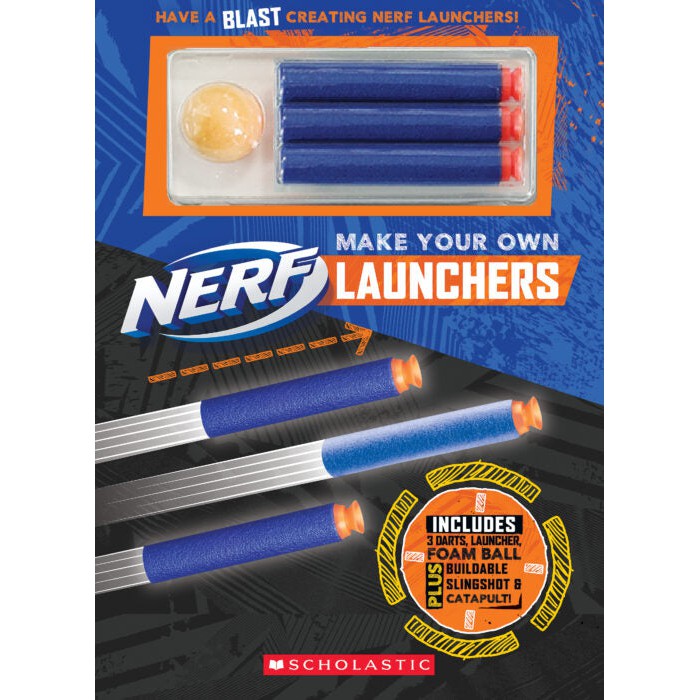 Make Your Own Nerf Launchers from Scholastic. Shows three darts being launched with the included darts on display. Includes 3 darts, launcher, foam ball, plus more ways to build