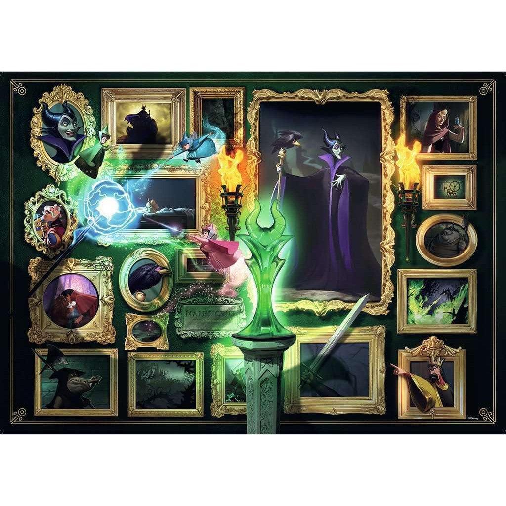 A captivating collage showcases scenes and characters steeped in mysticism, from a magical duel to enchanted objects. With ornate frames against a dark backdrop, it resembles the intricate detail of a 1000-piece Ravensburger Disney Villainous jigsaw puzzle featuring Maleficent.