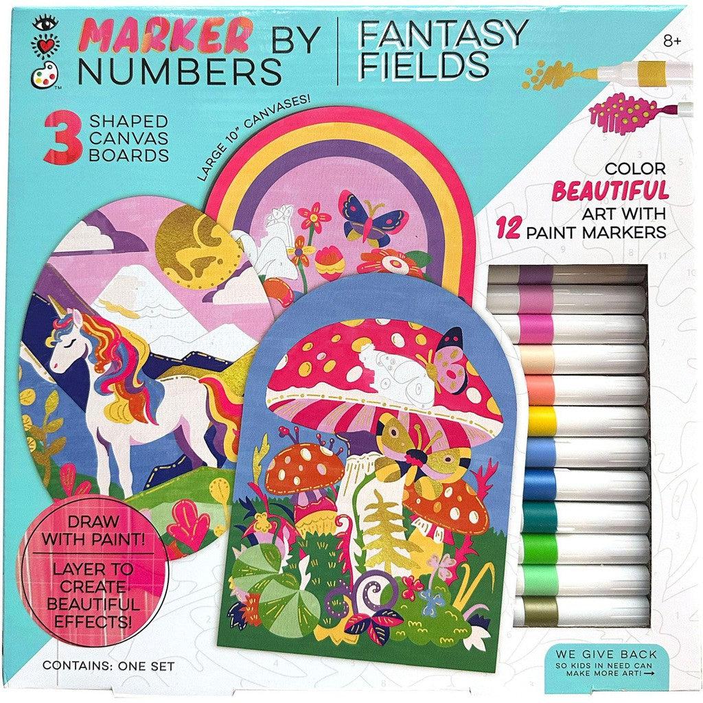 Art set packaging featuring three shaped canvas boards with vibrant designs, including unicorns and mushrooms. This kit includes 12 paint markers and instructions for crafting intricate art with ease.