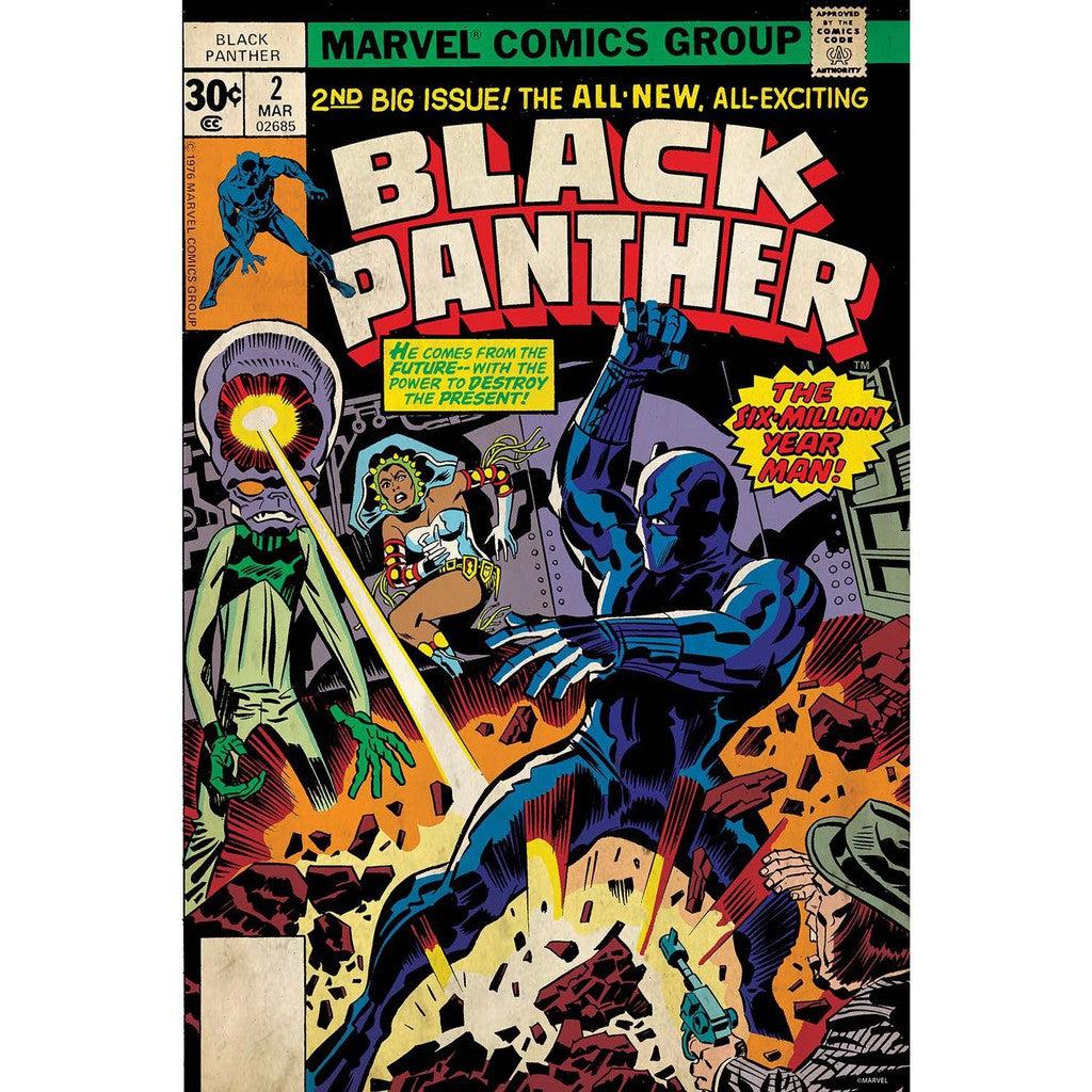 Marvel Comics presents an electrifying comic cover with Black Panther striking a dynamic pose against a colorful, explosive background. A caption declares, "He Comes from the Future!" as a character flies near.