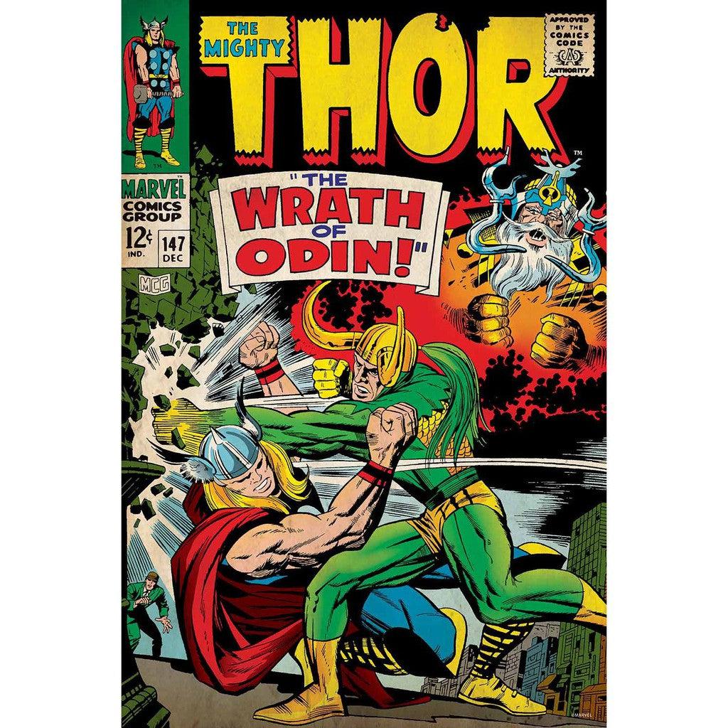 Vintage Marvel Comics cover: "The Wrath of Odin!" showcases Thor clashing with Loki under Odin's watchful eye. Issue #147, December, priced at 12¢. Colorful, dynamic art style captures the epic drama. 