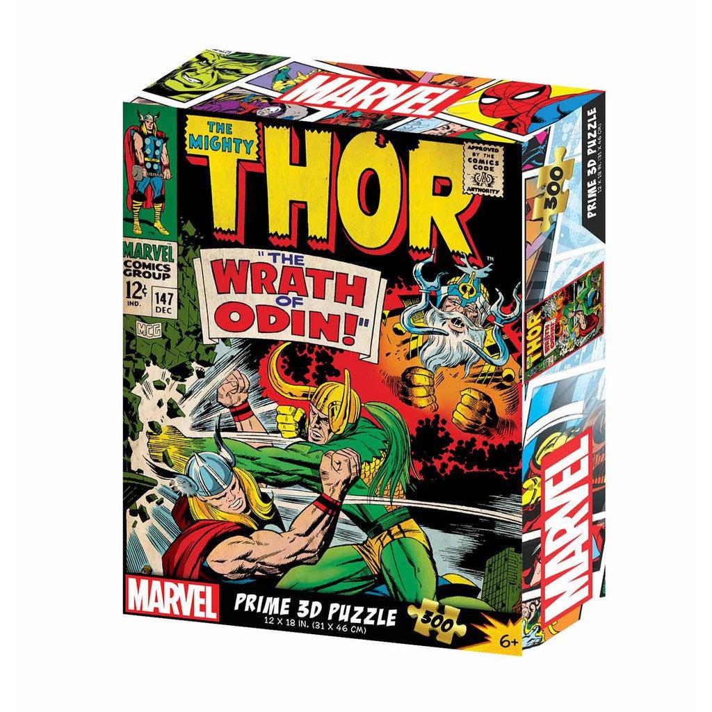 This Marvel Comics Thor 3D puzzle box displays a vibrant vintage comic cover. Dive into the dynamic battle scene featuring Thor and others under the title "The Wrath of Odin!" 