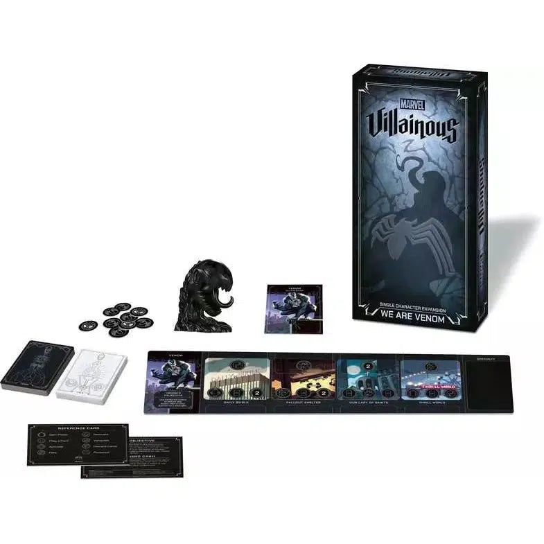 Marvel Villainous: We Are Venom game expansion set with a Venom figure, character cards, and game components displayed.