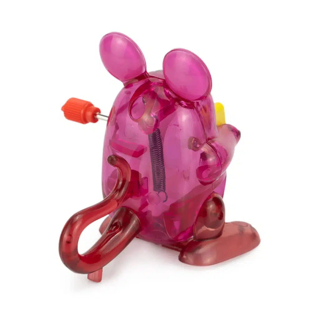 A clear pink wind-up toy mouse with a red key, inspired by Tomy's classic design. The Z WindUps Backflipping Mouse features visible internal gears and a charming curled tail, offering nostalgic fun for all ages.