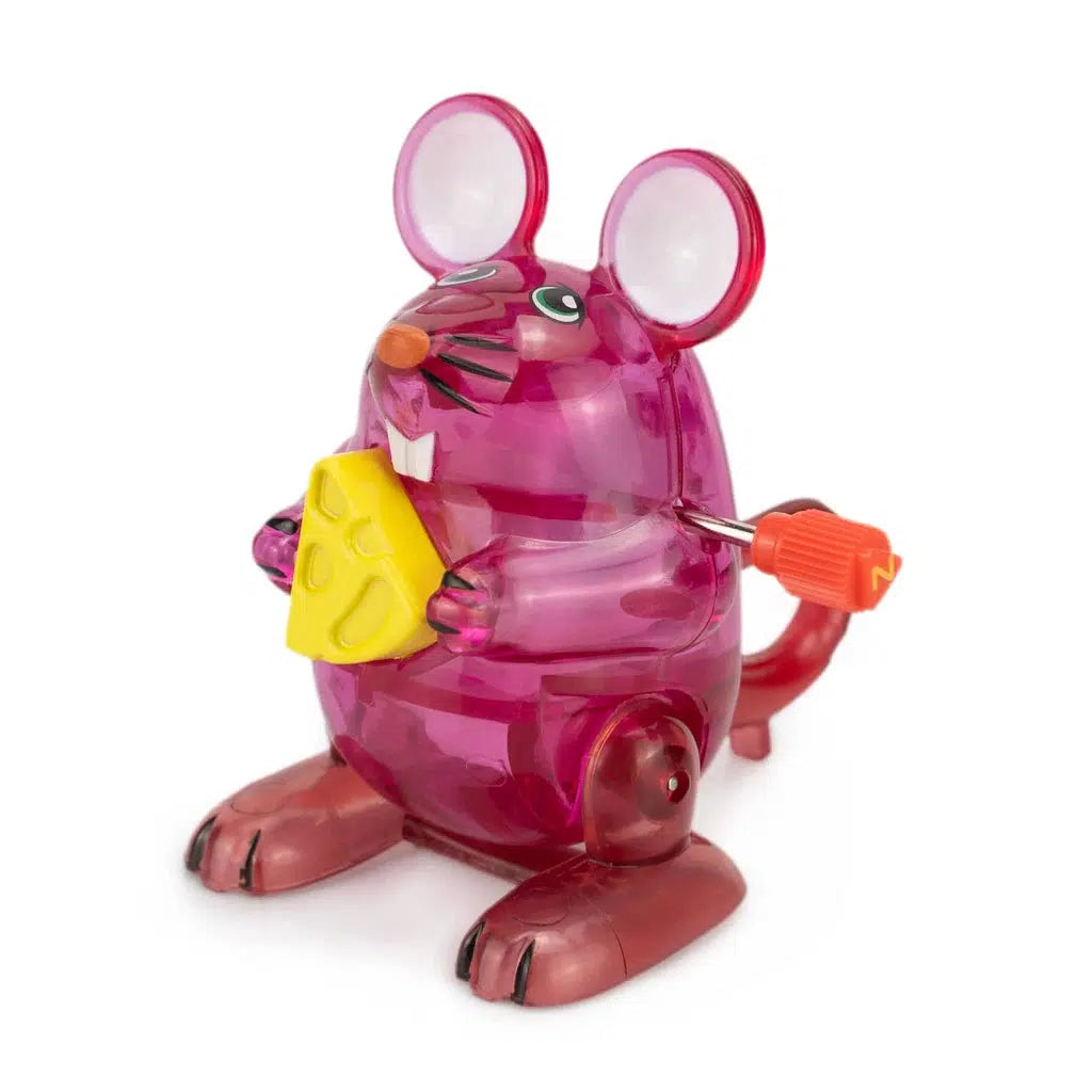 A Tomy-inspired pink wind-up toy mouse clutches a piece of cheese, with a charmingly visible key on its side.