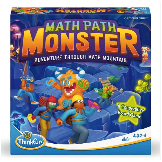 Cover of the cooperative board game "ThinkFun Math Path Monster." It features cartoon explorers and a monster in an imaginative cave setting, with the tagline "Adventure Through Math Mountain." This engaging game enhances math skills and is suggested for ages 6+.