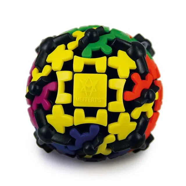 The Meffert's Gear Ball is a vibrant twisty puzzle featuring interlocking pieces in black, yellow, red, green, and purple. At its core lies a distinctive yellow square emblazoned with "MEFFERT'S," making it an engaging 3D puzzle for enthusiasts and beginners alike.