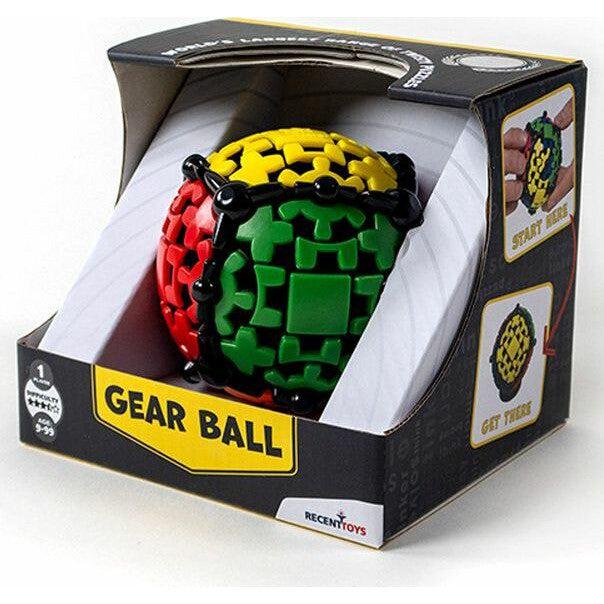 A multicolored Gear Ball puzzle in a box labeled "Recent Toys." The ball features interlocking gears in red, yellow, and green sections.