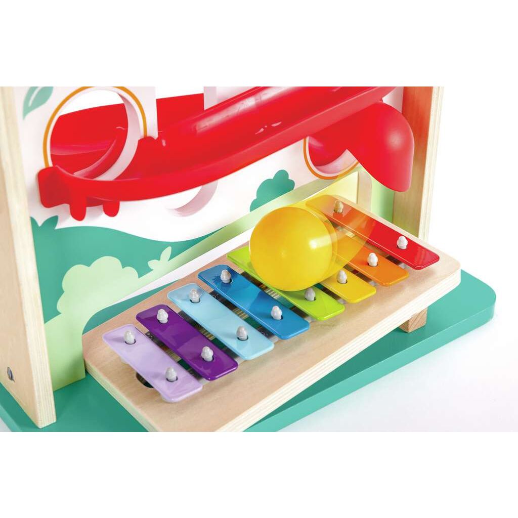 This vibrant xylophone board is a delightful mix of music and play, featuring a yellow ball on top that can be incorporated into an engaging ball rolling game. Its wooden and plastic elements come alive in an array of cheerful colors.