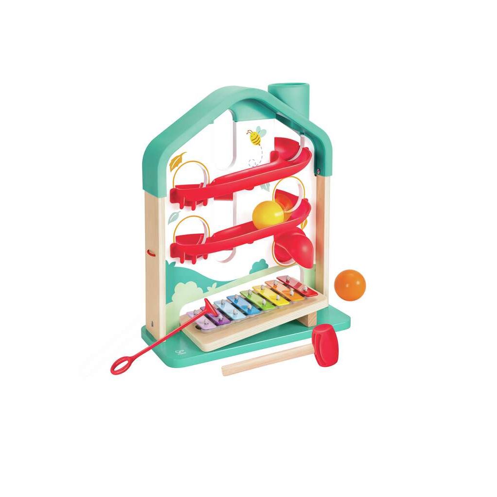 This vibrant wooden toy features a house-shaped ball rolling game with ramps, a xylophone board, and a red hammer. Enjoy the colorful maze as small balls roll down the tracks, creating delightful musical sounds.