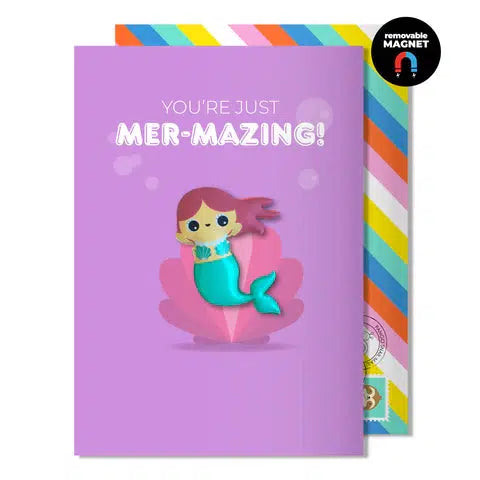 Bright purple card that says "You're just mer-mazing!" Comes with a rainbow envelope and a mermaid-shaped magnet