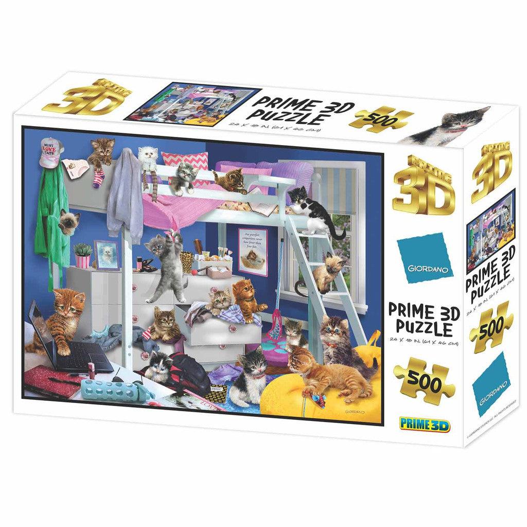 Prime 3D Ltd's "Messy Bedroom Kittens," featuring over 500 pieces that create a lively scene of cats lounging on a bunk bed, desk, and other assorted items.