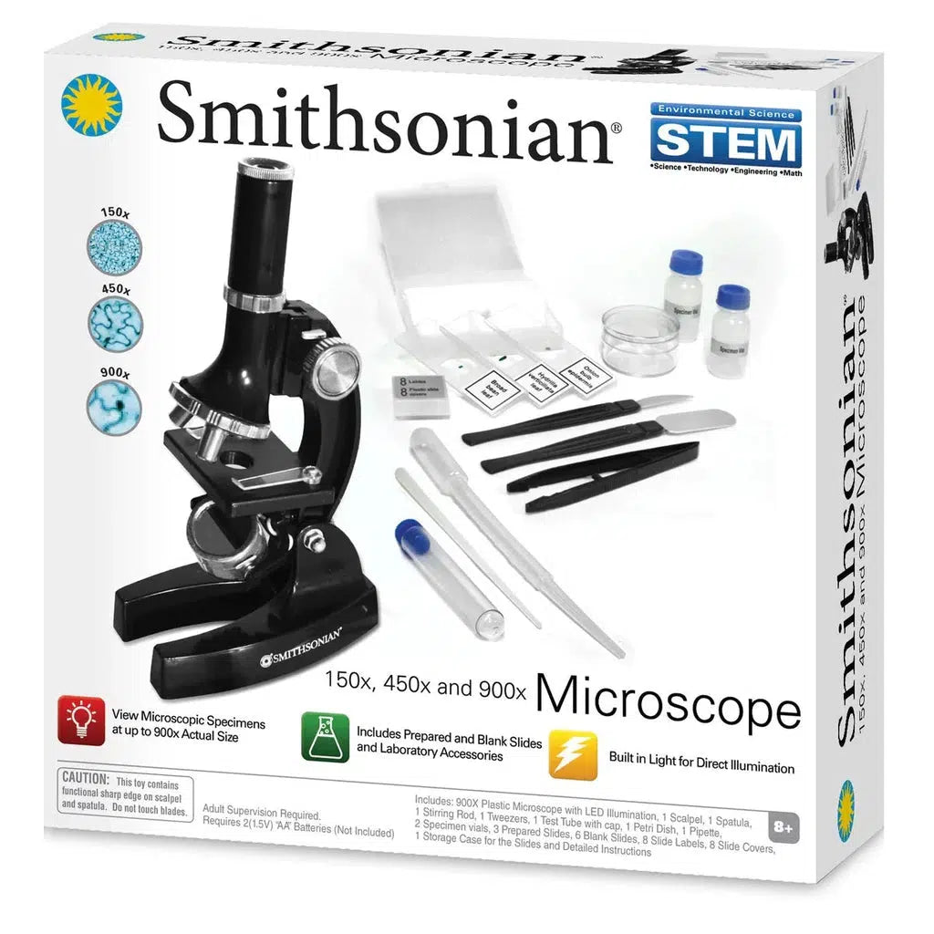 The Smithsonian Microscope Kit box showcases the microscope and its accessories, including various microscope slides, boasting 150x, 450x, and 900x magnification. This engaging STEM kit is perfect for young scientists.