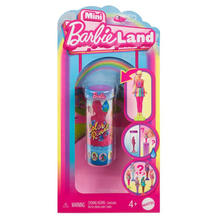 Mini Barbie Land color reveal doll, a tiny container with a mystery barbie inside in colorful pink packaging