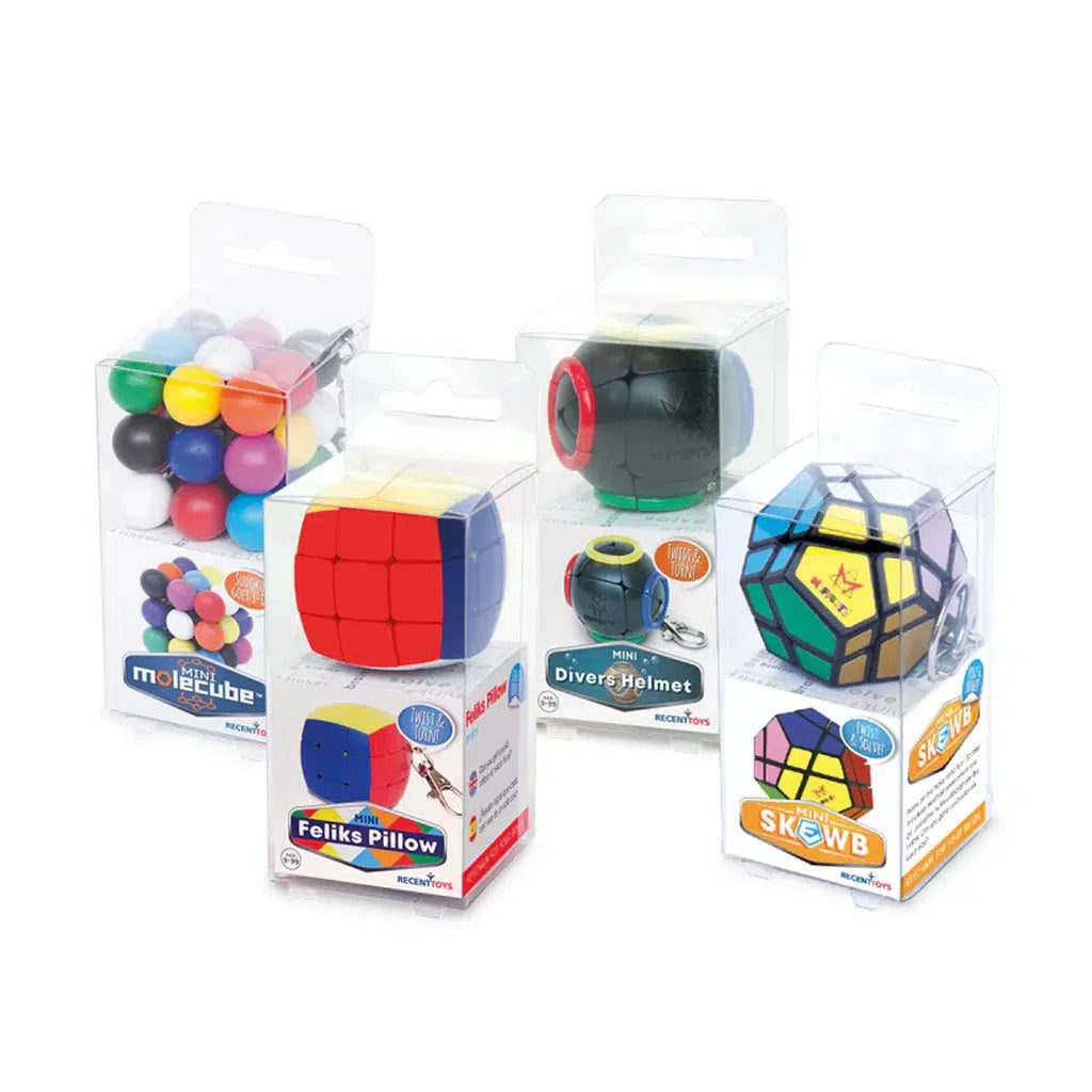 A display of four different Rubik's-style puzzle toys in clear packaging.  