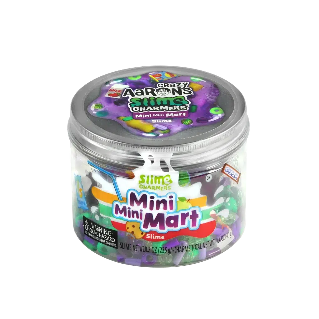 A container of Crazy Aaron's® Slime Charmers™, labeled "Mini Mini Mart" with colorful graphics on a clear jar with a gray lid, containing 8 oz (235 g) of purple slime and charms.