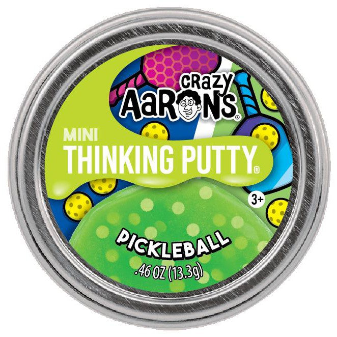 Small tin of Crazy Aaron's Putty in the style Pickleball. The putty itself is lime green with small white dots spread throughout