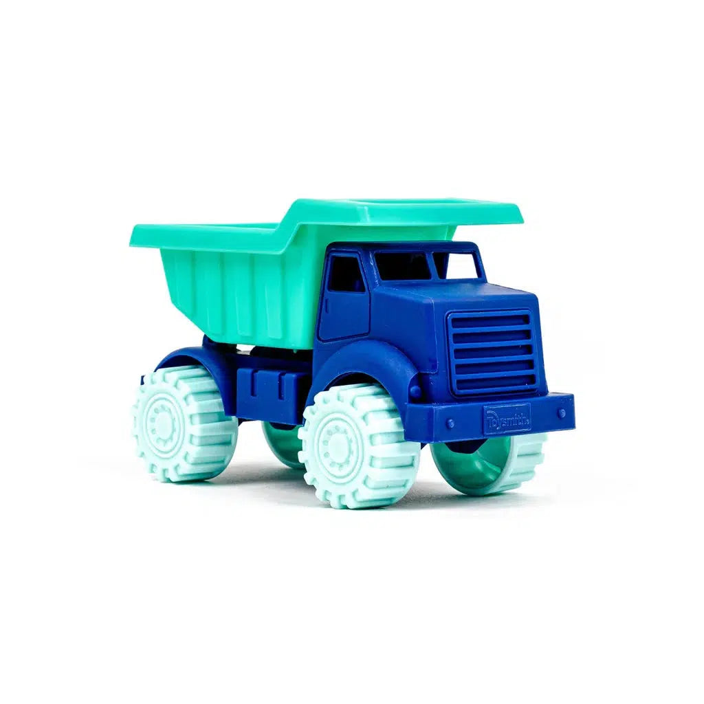 A blue and teal mini vehicle dump truck made of durable plastic, featuring large white wheels, perfect for beach adventures.