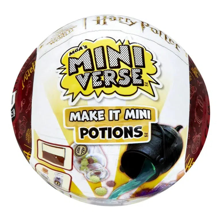 Round packaging of "Mini Verse Make It Mini Potions" with Harry Potter branding and cauldron illustration.