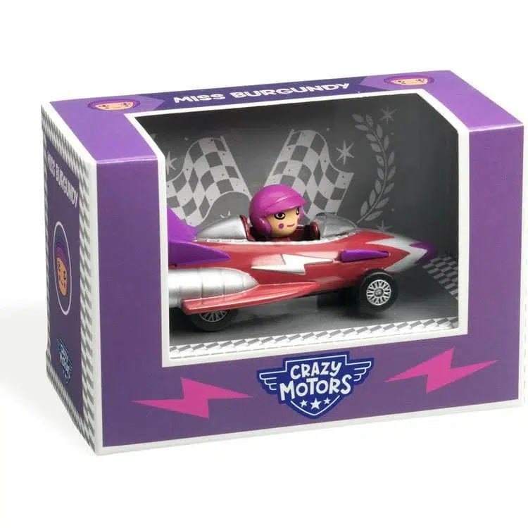 The toy car showcases a driver with a pink helmet inside a sleek purple and red box labeled "Miss Burgundy" and "Crazy Motors," featuring an impressive metal car design enhanced by ultrasonic metallic paint.