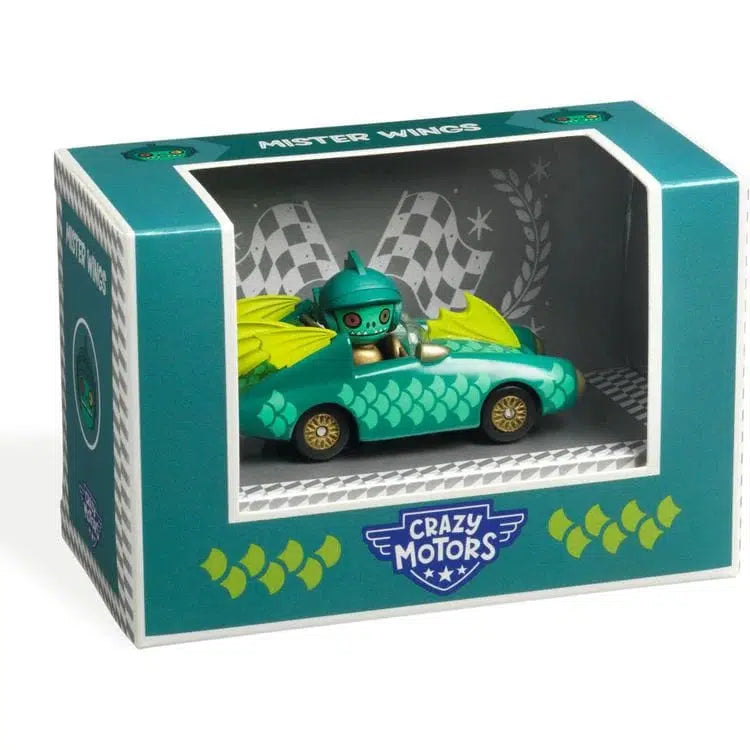 Toy car with a winged character driver in a teal fish-scale design, reminiscent of a flying fish, packaged in a "Crazy Motors" box labeled "Mister Wings.