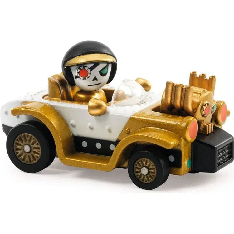 A toy car with a gold and white design features a cartoon figure as the driver, a stylized engine on the front, and a touch of metallic paint that makes it stand out among crazy cars.