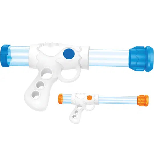 Two toy water guns with white handles; one with a blue nozzle and the other with an orange nozzle, perfect for an exhilarating indoor/outdoor game.