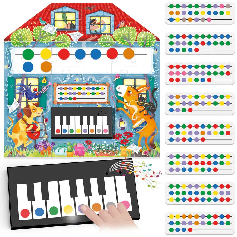 Hands playing piano and showing how sheet music works with the keyboard