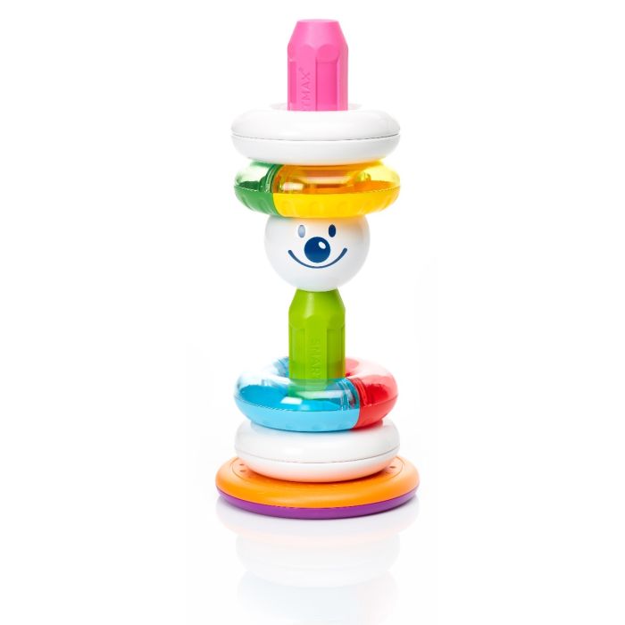 Introducing "My First Stacking Rings," a colorful stacking toy with a smiling clown face at the center, featuring vibrant rings and a charming pink top. Perfect for little ones to explore, learn, and enjoy endless fun!