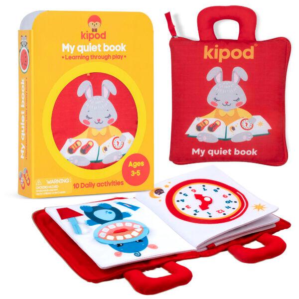 A children's quiet book set with a red bag and book featuring various interactive activities to develop basic skills. The packaging is yellow and red with an illustration of a rabbit, designed for ages 3-5. Perfect for your little one, this Montessori activity book encourages early learning fun.