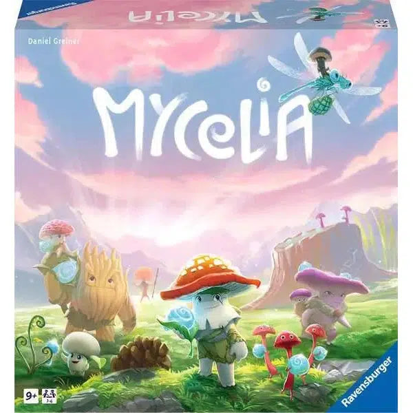 Mycelia a game by Ravensburger has a colorful box depicting a blue sky and pink clouds with mushroom creatures 