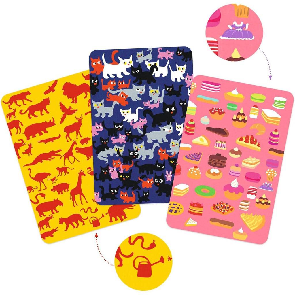 Three different cards for Mysterax, yellow with dinosaurs, blue with cats, pink with pastries, and showing how some things in the picture don't belong