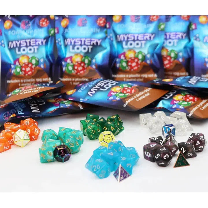 Various sets of vibrant polyhedral RPG dice are artfully displayed in front of packages labeled "Mystery Loot," each a tantalizing Foam Brain mystery set waiting to be discovered.